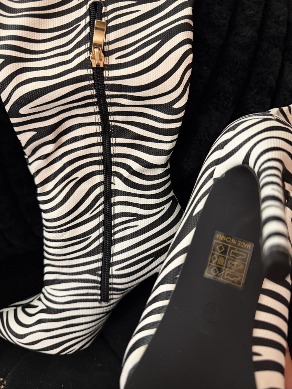 Zebra Print Stiletto Ankle Boots - Black & White